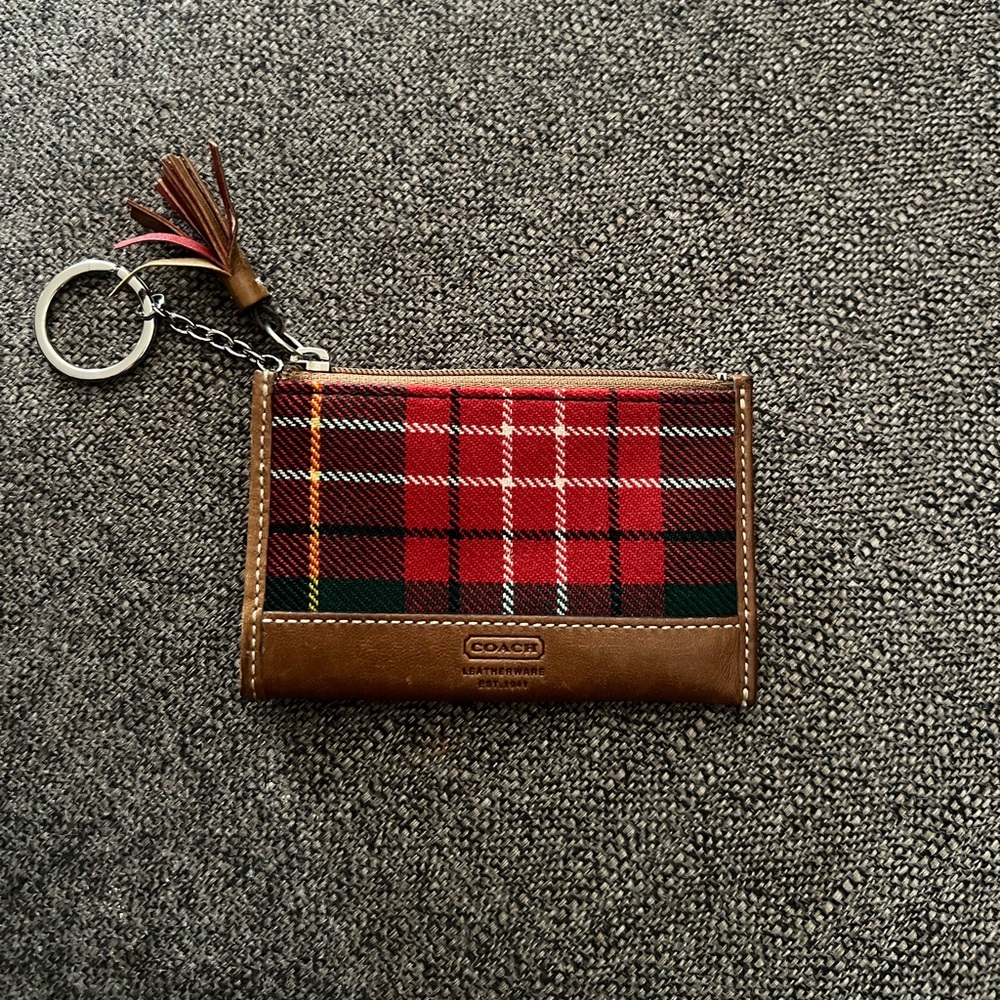 Coach Red and Brown Plaid Keychain Wallet